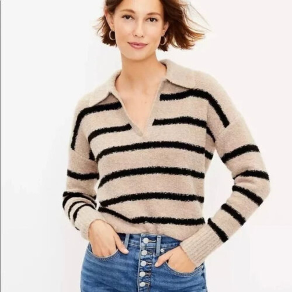 Loft Boucle Long Sleeve Polo Sweater Tan Black Stripe Small Wool Blend